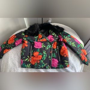 Express Floral Moto Jacket With Detachable Faux Fur Collar- Sz L- Unique!